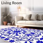 Vibrant Blue Floral Mandala Scrollwork Rug