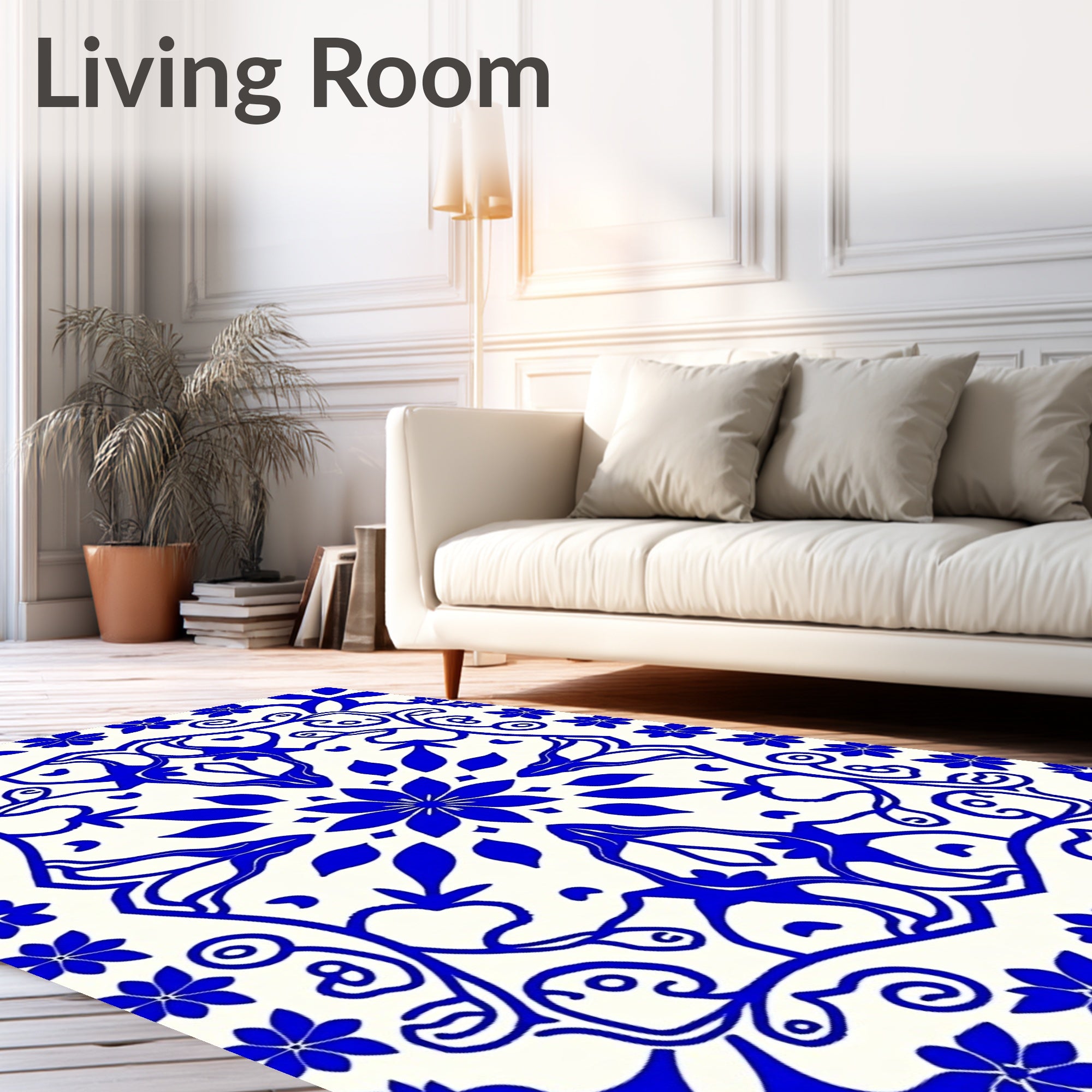 Vibrant Blue Floral Mandala Scrollwork Rug