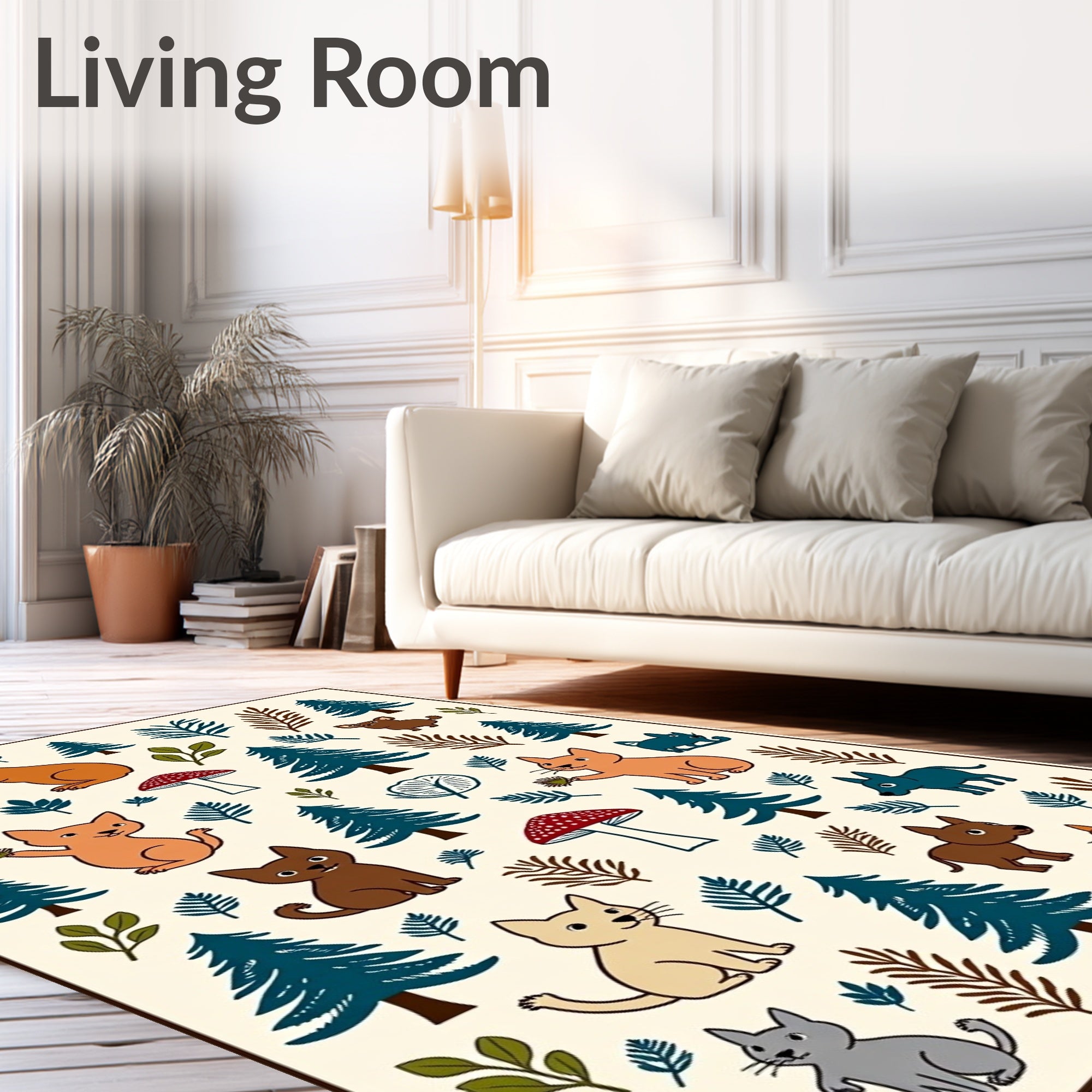 Whimsical Forest Animals Mushroom Trees Rug