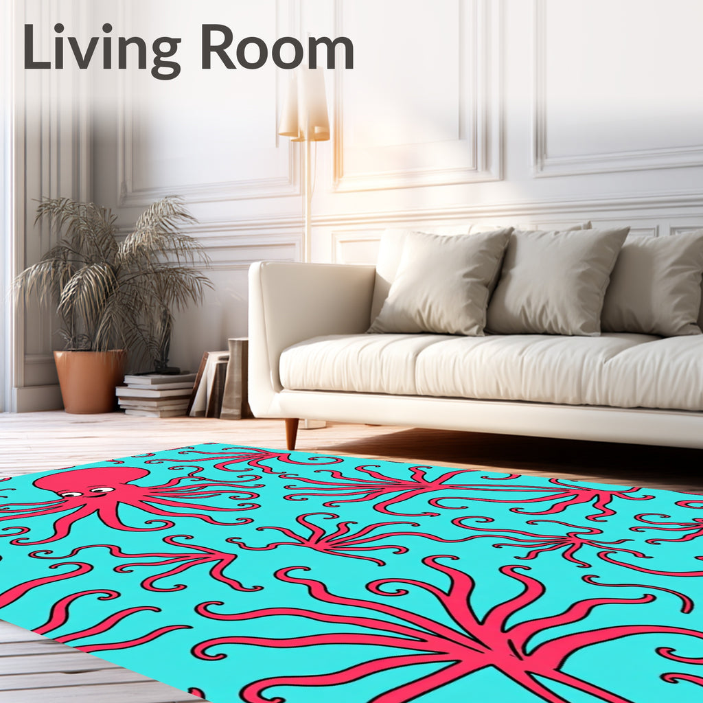 Coral Pink Octopus Aquatic Waves Rug