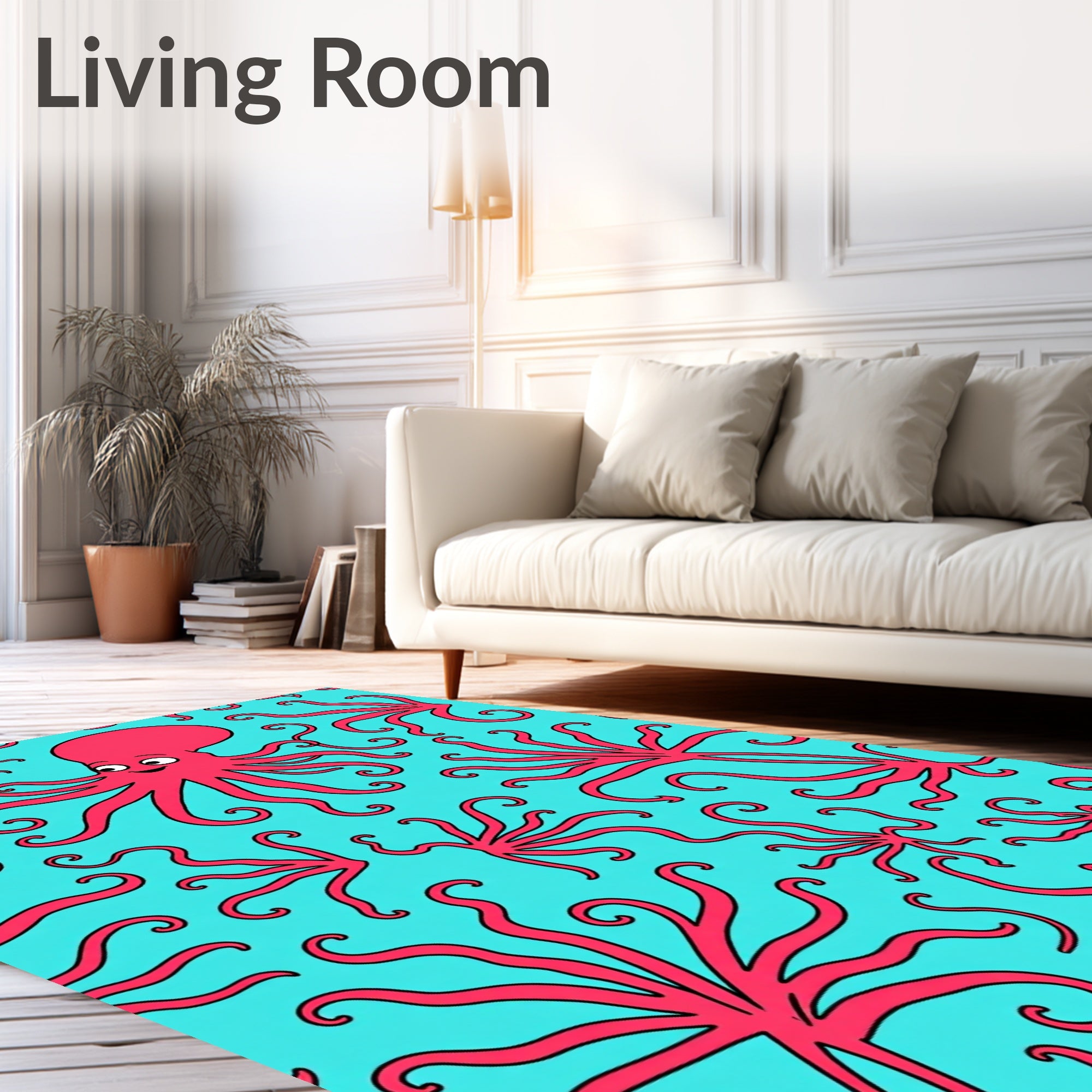 Coral Pink Octopus Aquatic Waves Rug