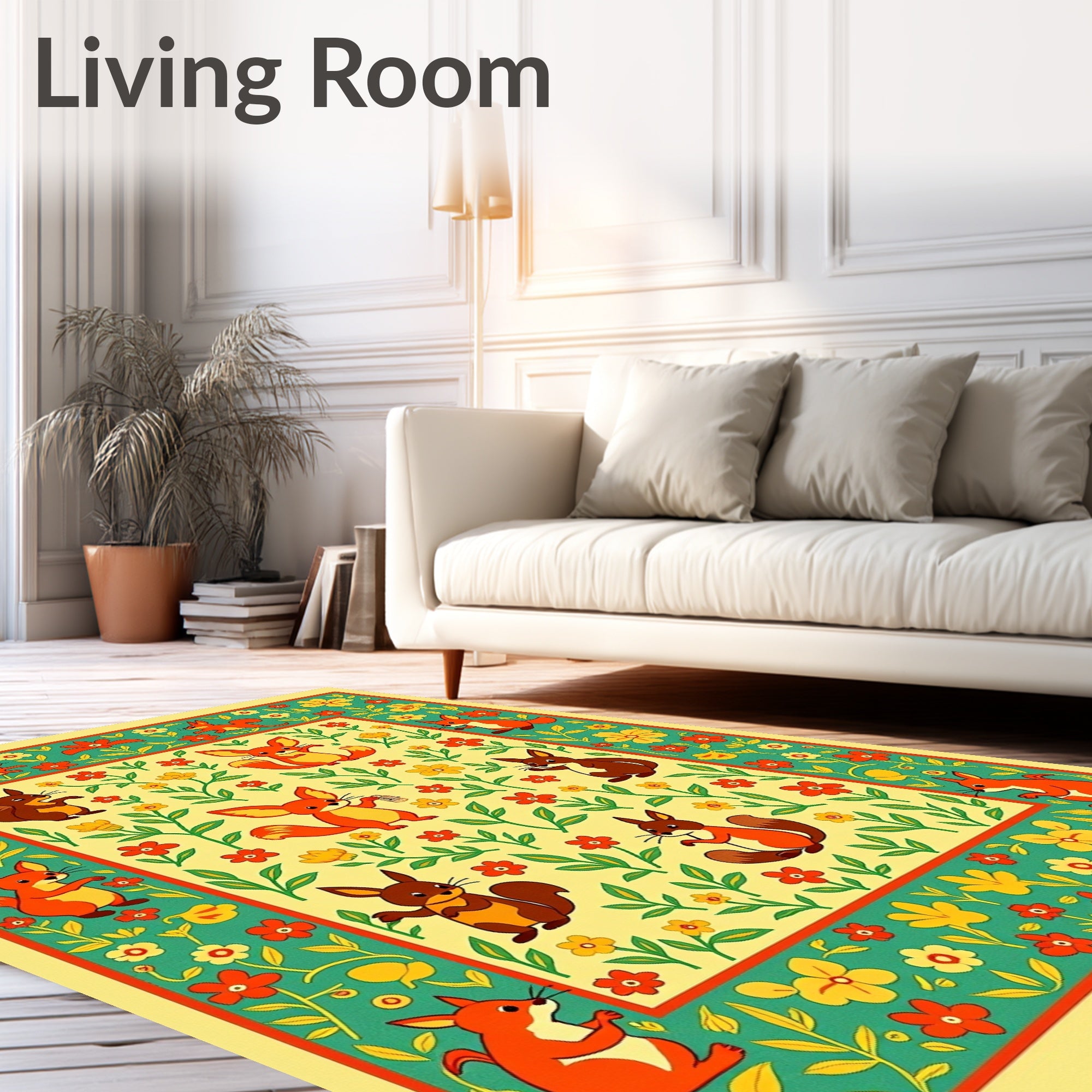 Whimsical Fox and Squirrel Floral Border Rug