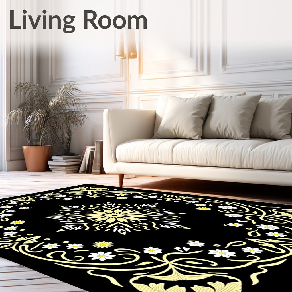 Black Yellow Floral Medallion Border Rug