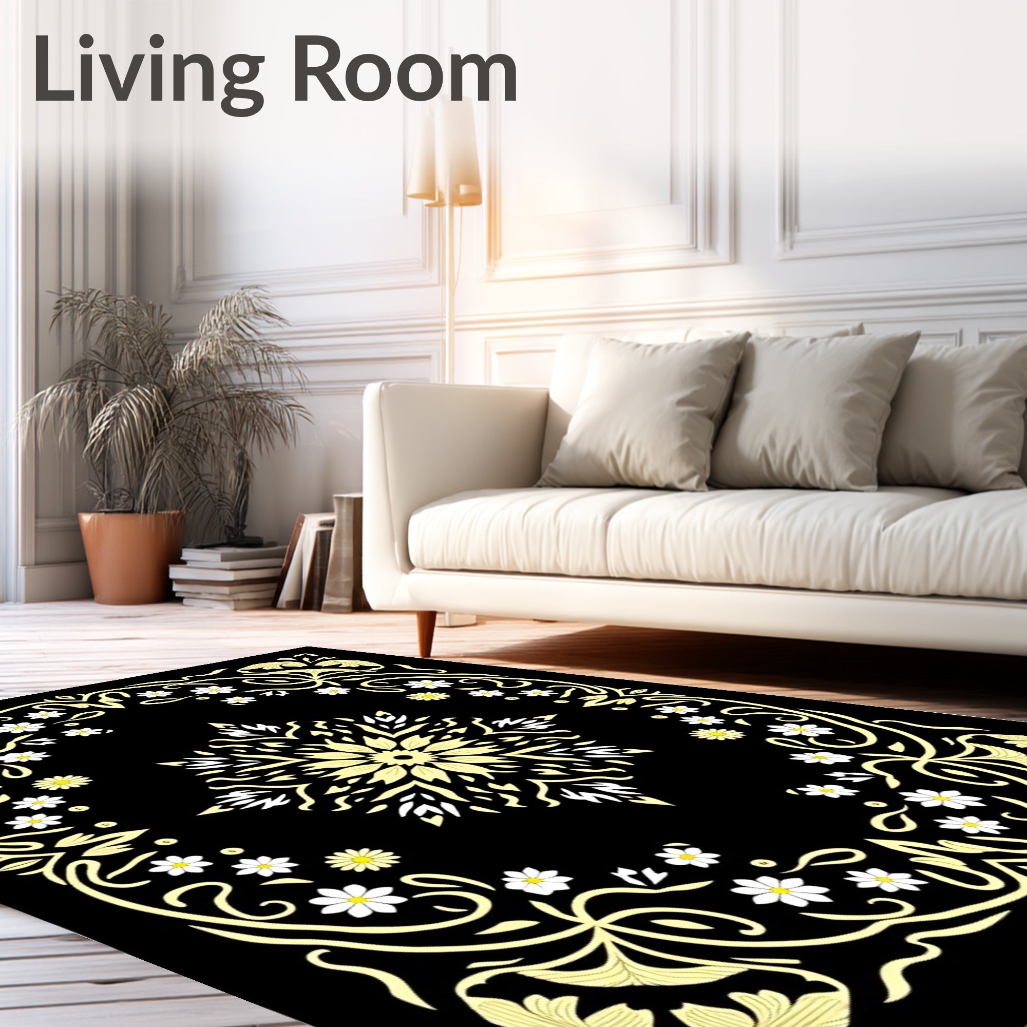 Black Yellow Floral Medallion Border Rug