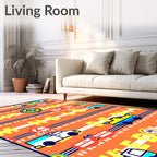 Yellow Blue Vehicles on Orange Stripes Rug