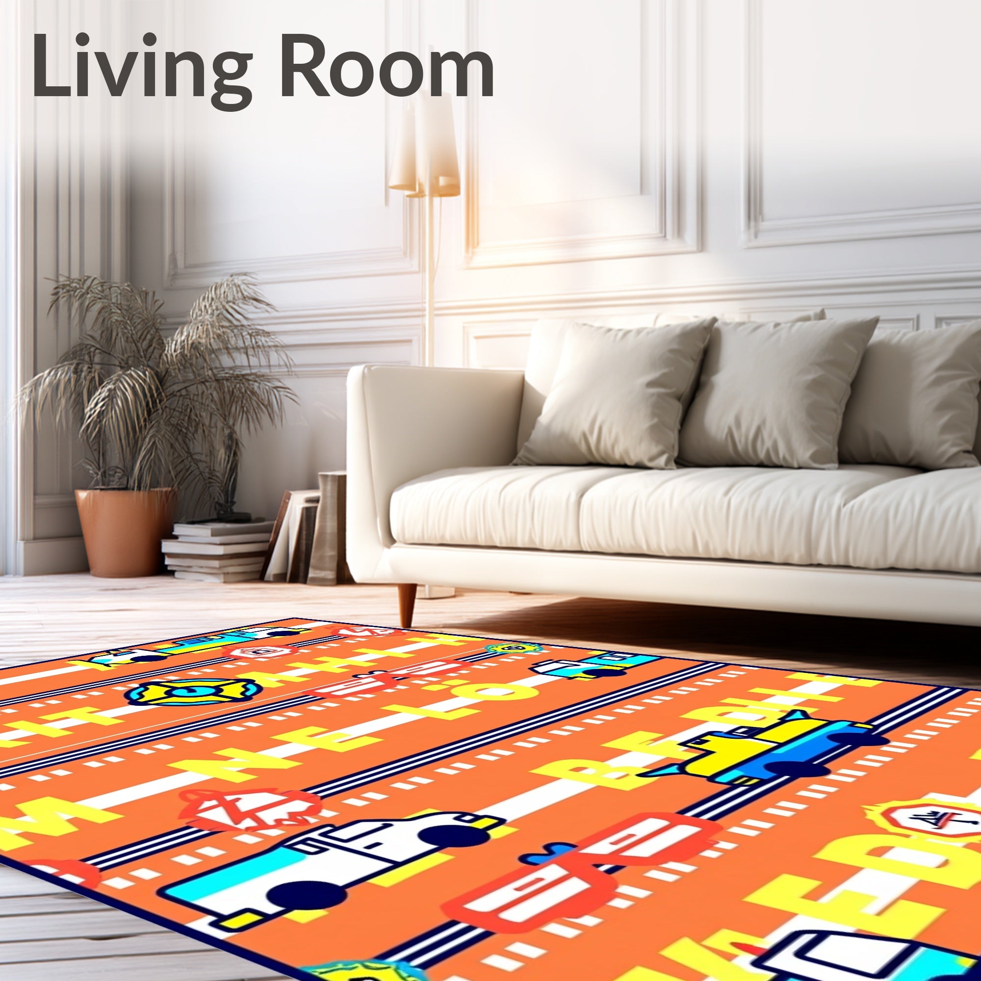 Yellow Blue Vehicles on Orange Stripes Rug