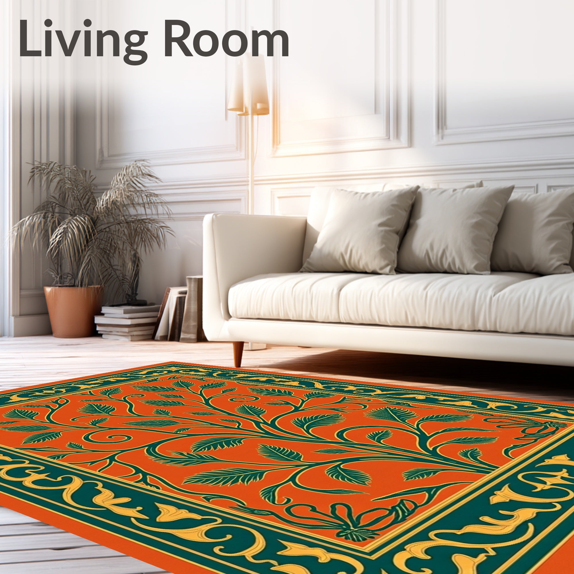 Emerald Green Orange Floral Tree Rug