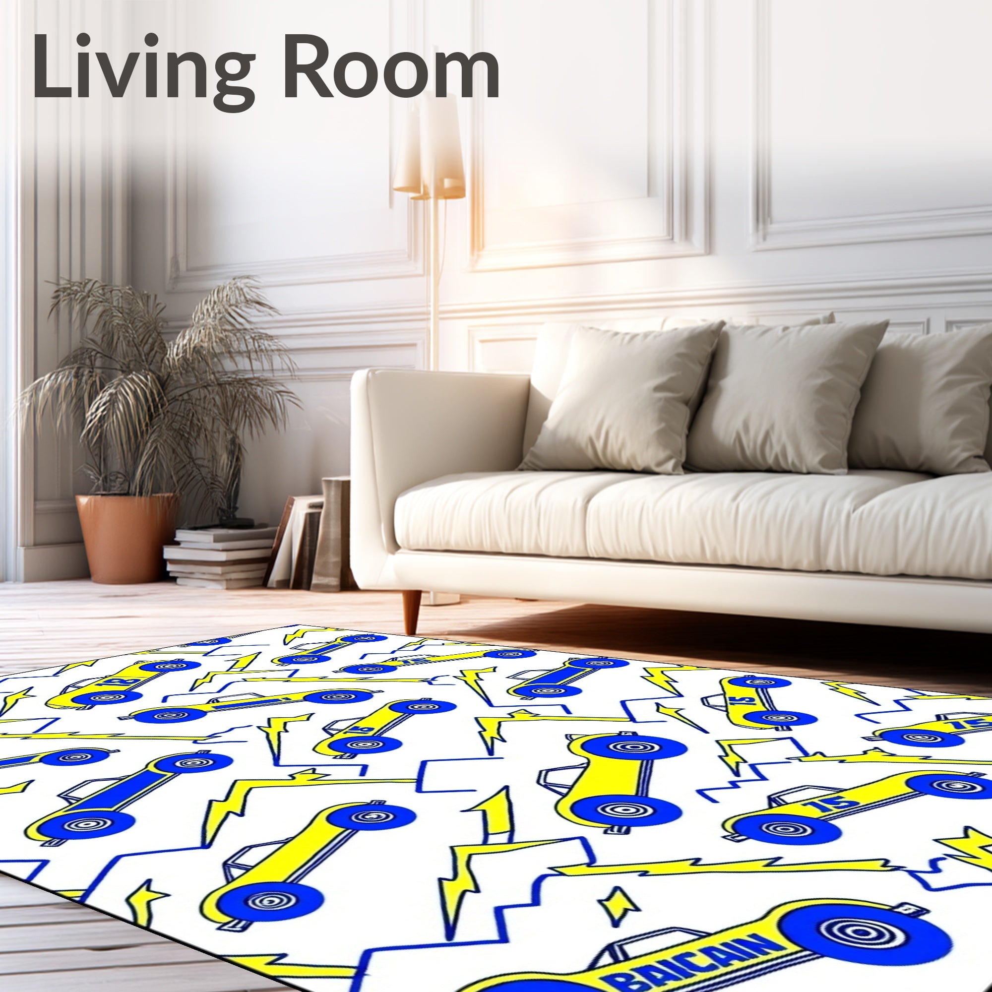 Yellow Blue Racing Cars Lightning Bolt Rug