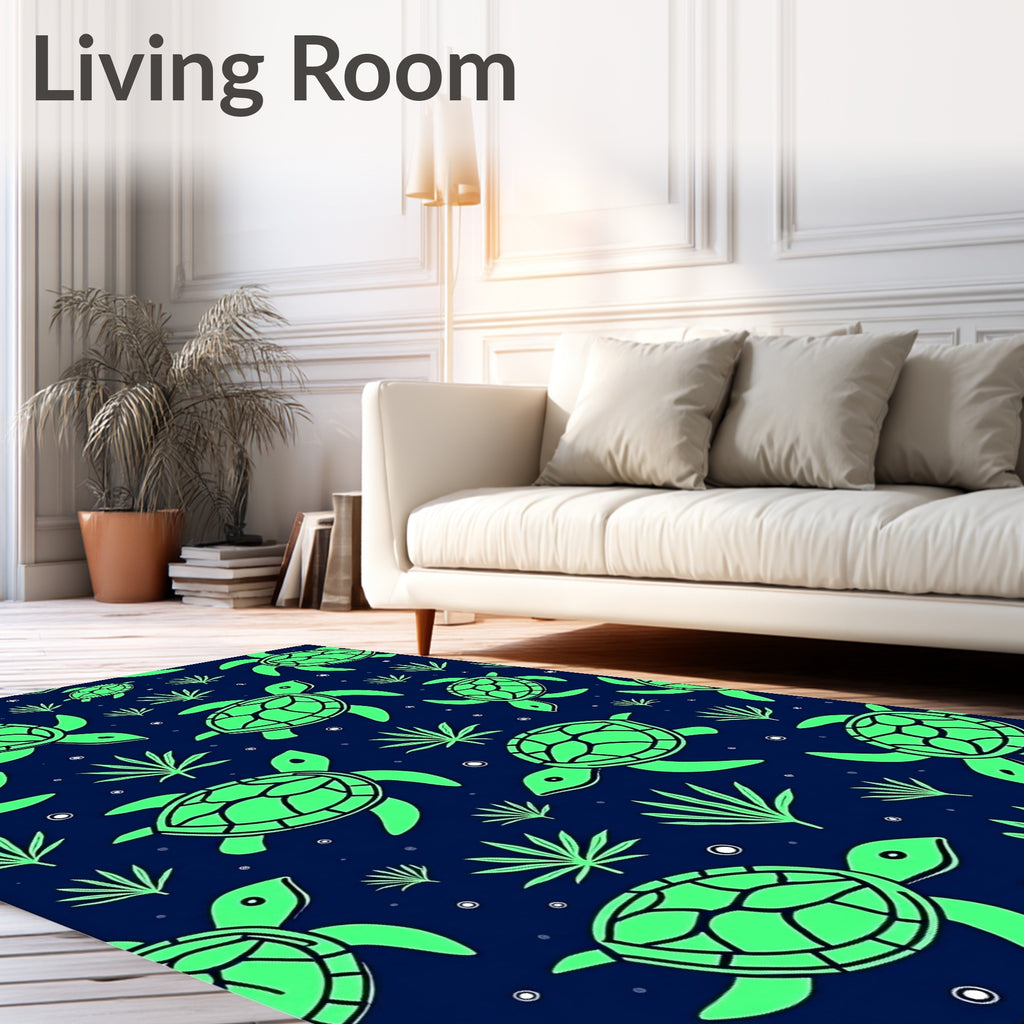 Neon Green Turtles Seaweed Navy Rug