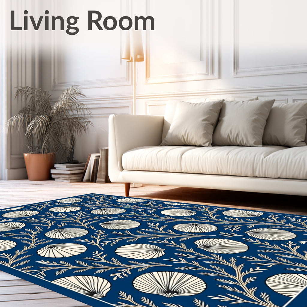Deep Blue Cream Scallop Branch Rug