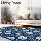 Deep Blue Cream Scallop Branch Rug