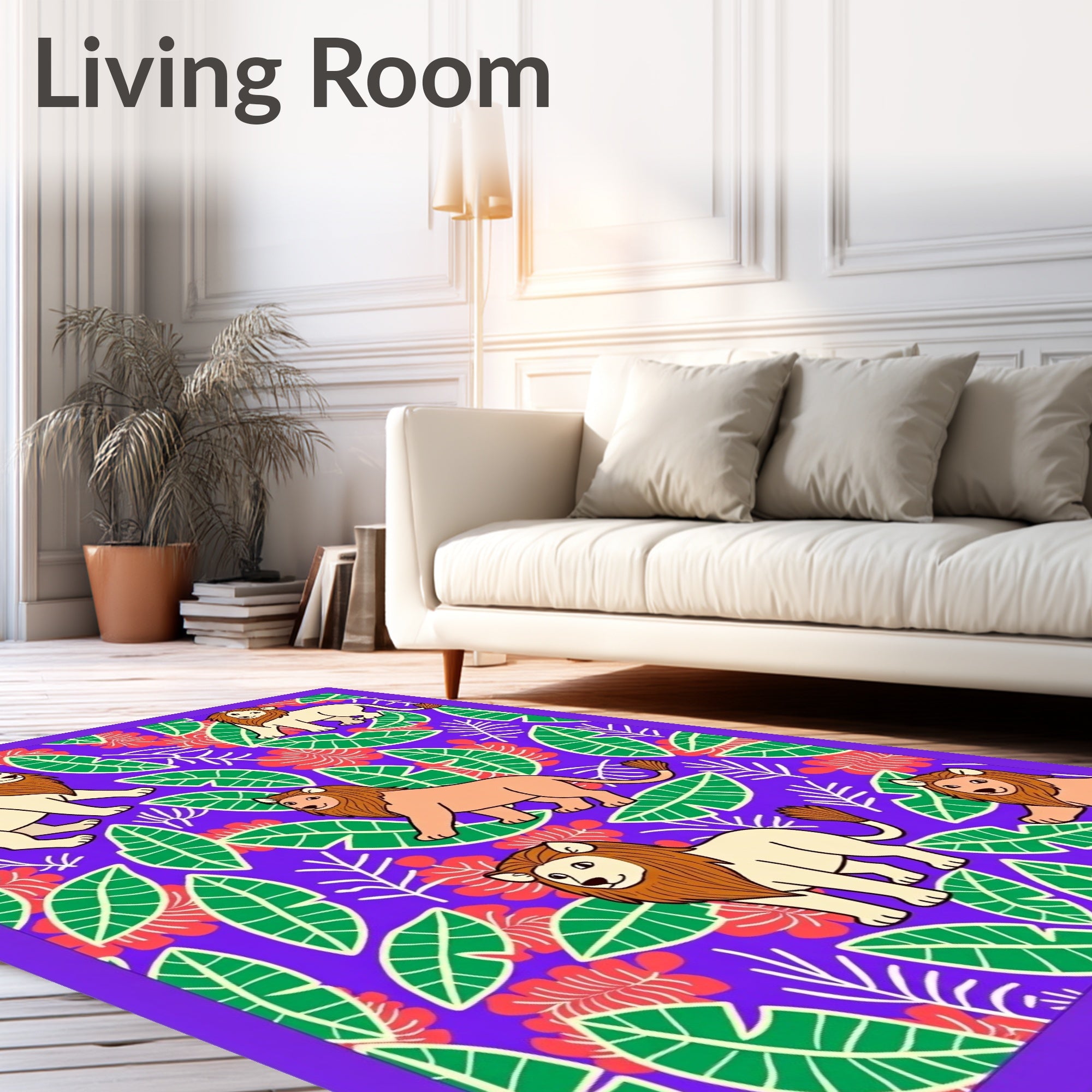 Jungle Lions with Green Leaf Motif Rug