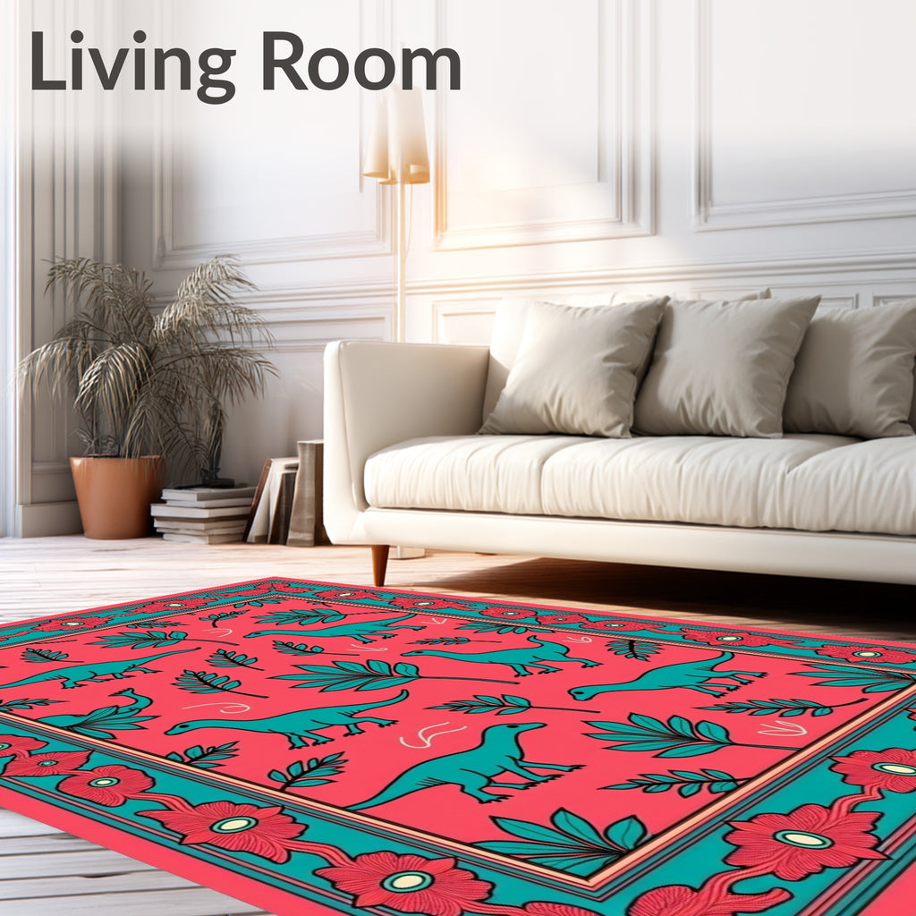 Coral Teal Dinosaur Floral Border Rug