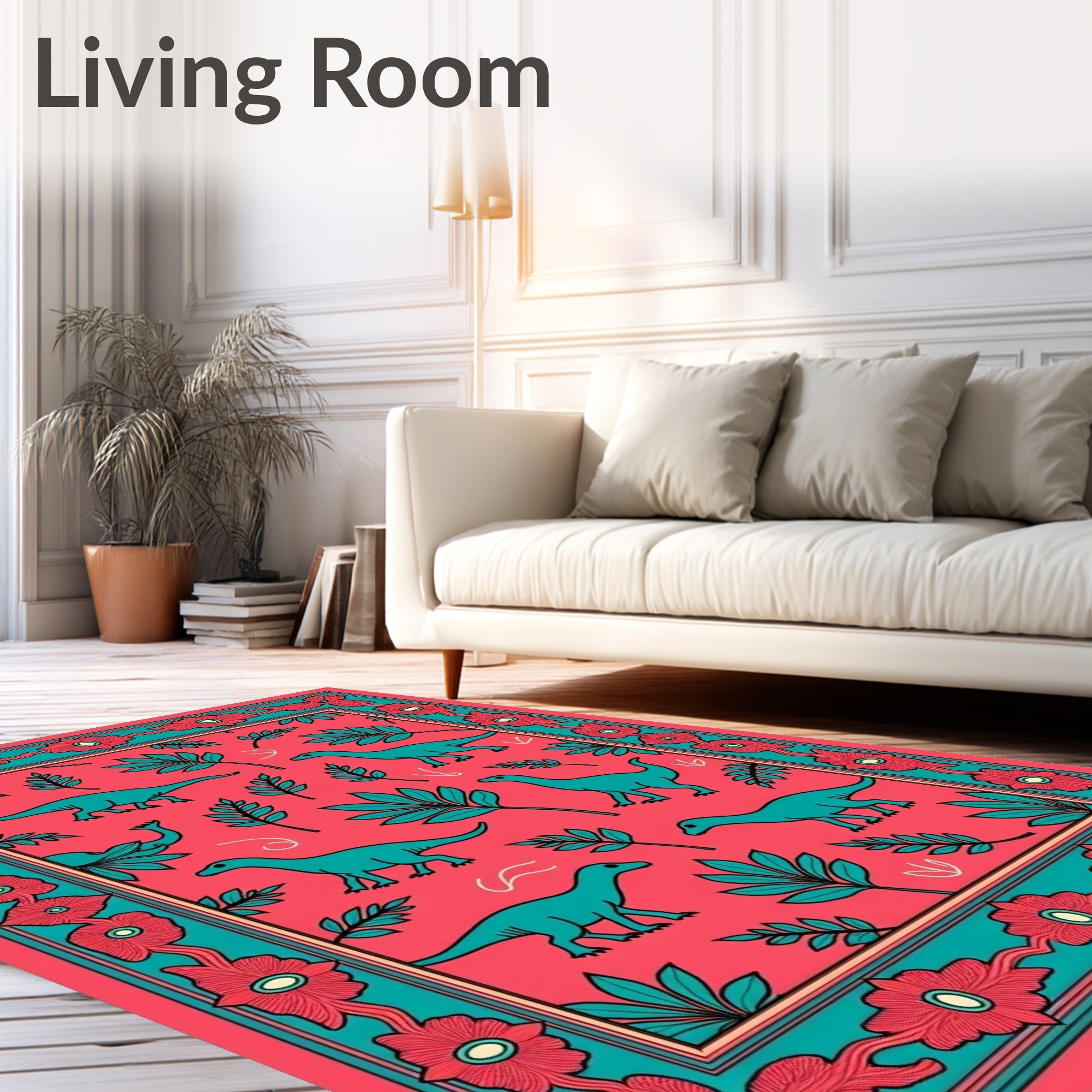 Coral Teal Dinosaur Floral Border Rug