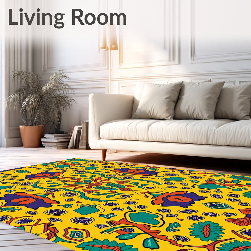 Vibrant Yellow Botanical Medallion Rug