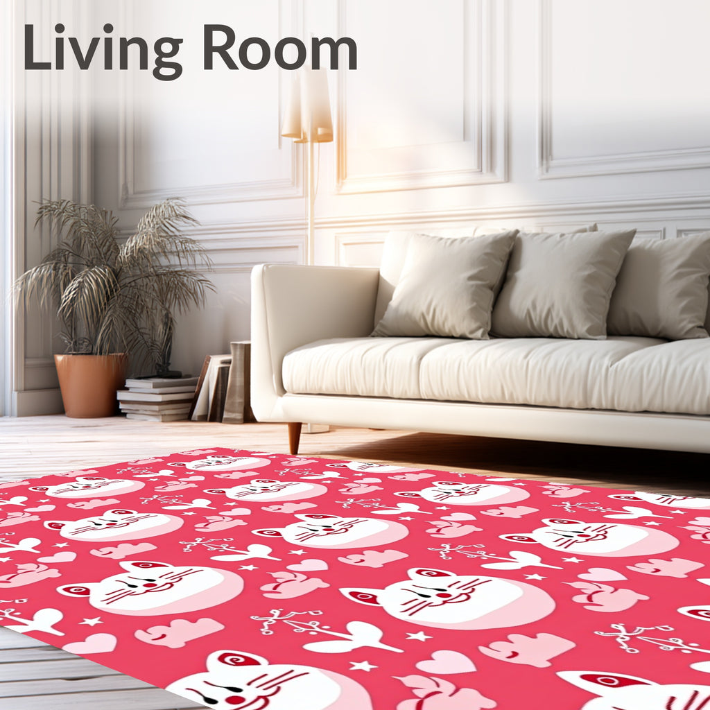 Cute White Cats Pink Heart Floral Rug