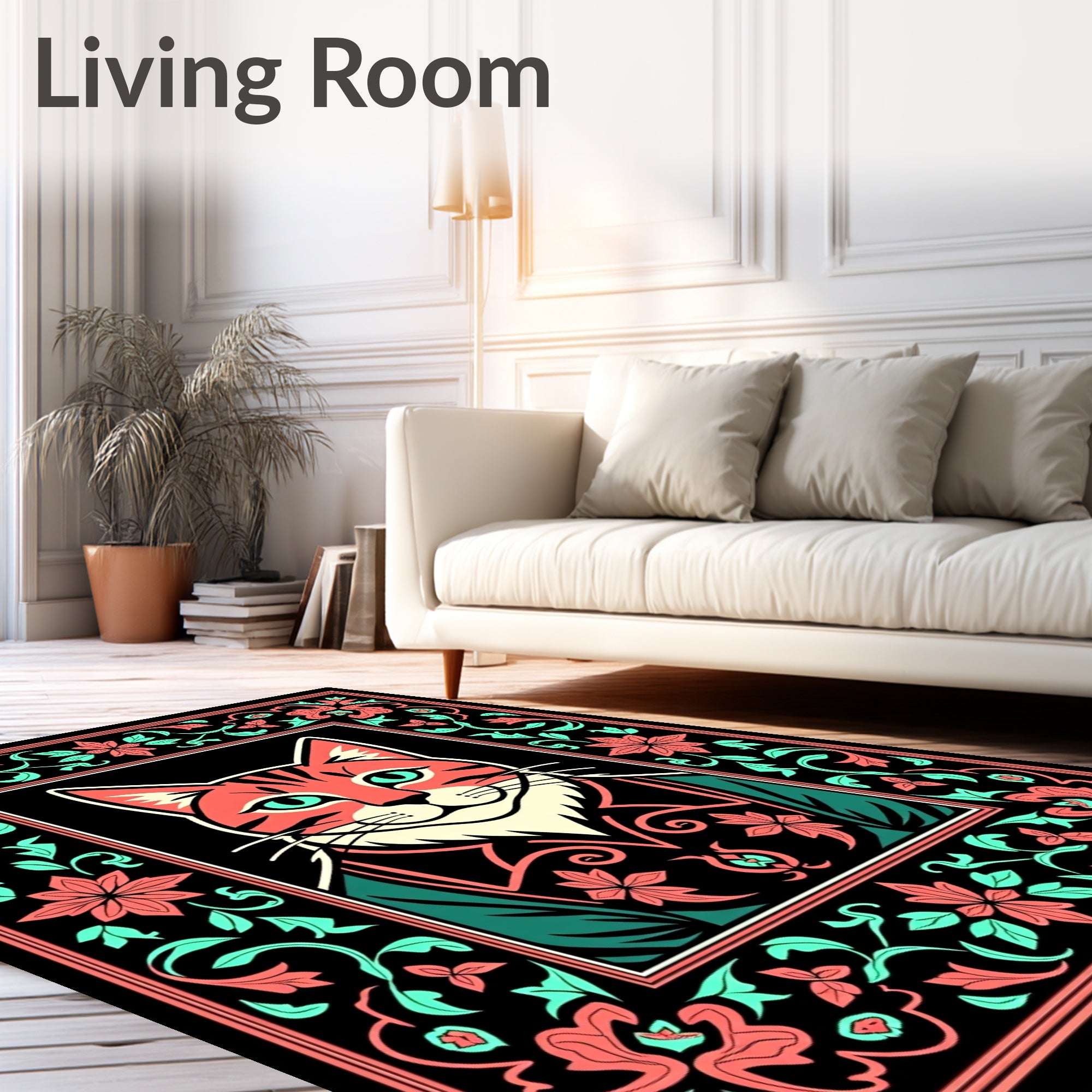Whimsical Pink Floral Cat Portrait Rug