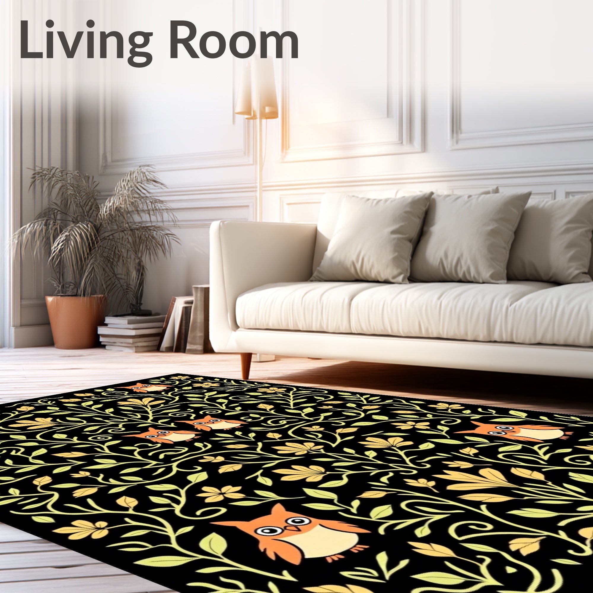 Whimsical Orange Owl Floral Swirls Rug