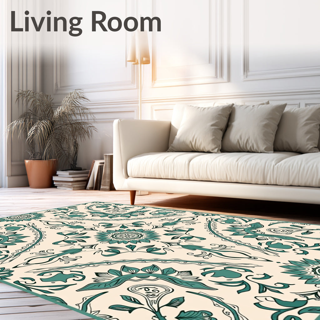 Teal Floral Medallion Cream Rug