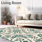 Teal Floral Medallion Cream Rug