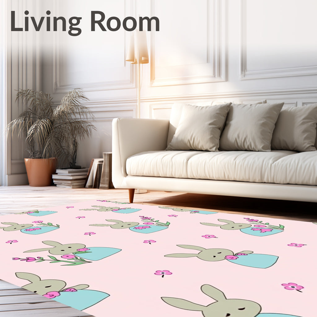 Cute Bunny Floral Garden Pink Rug
