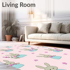 Cute Bunny Floral Garden Pink Rug