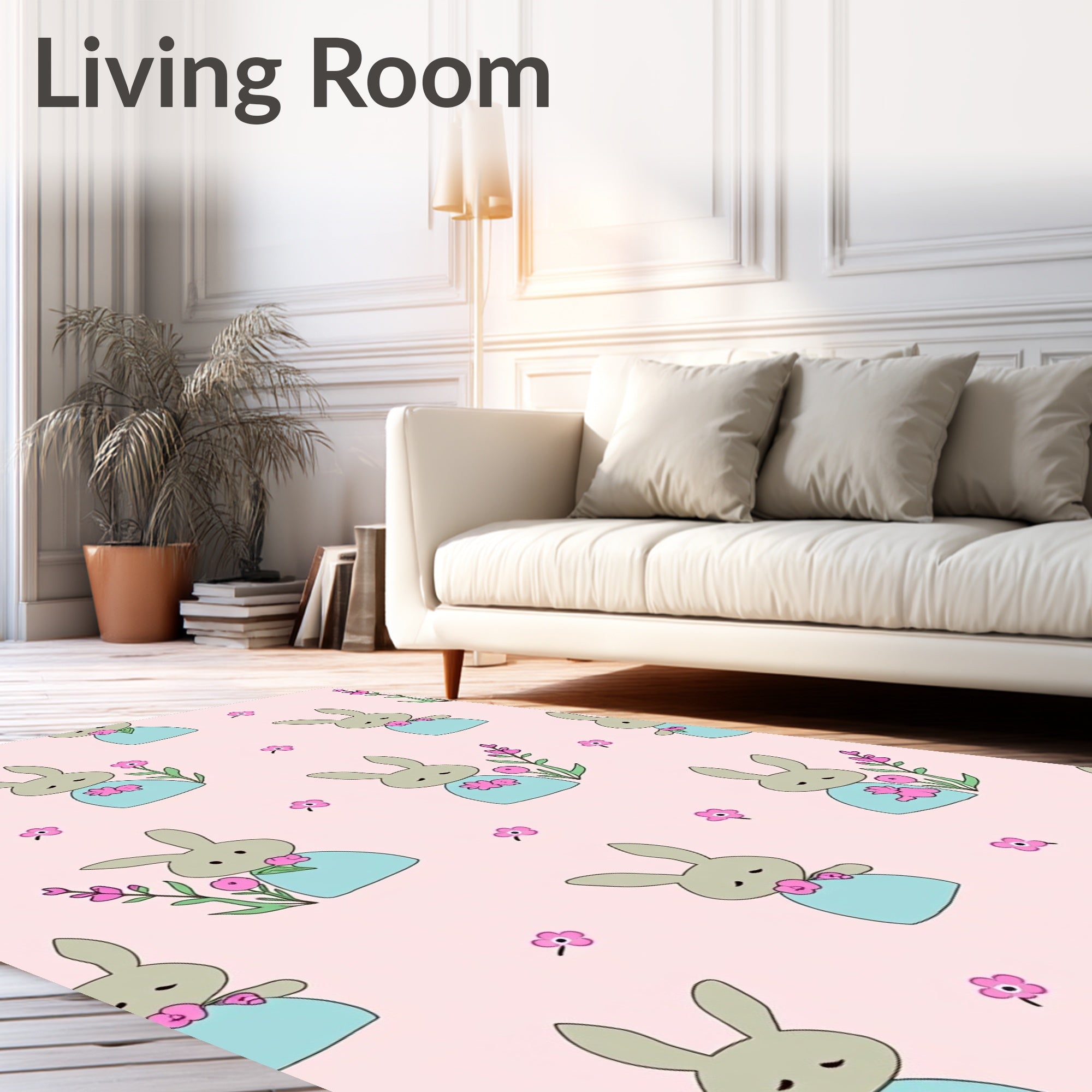 Cute Bunny Floral Garden Pink Rug
