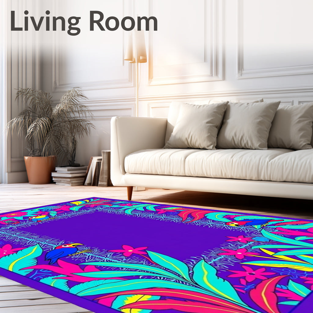Vibrant Tropical Birds and Flowers Border Rug