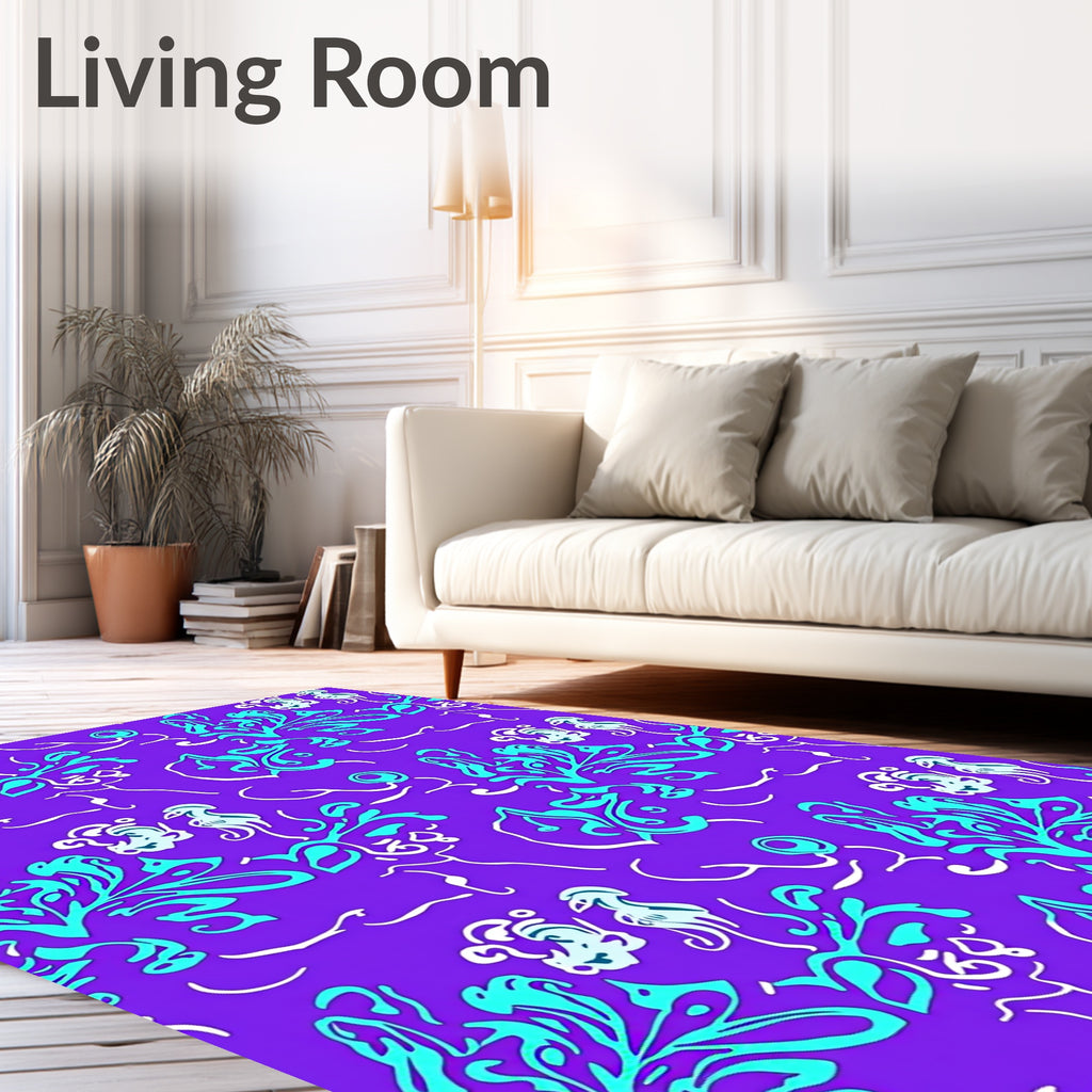 Turquoise Floral Elements on Purple Background Rug