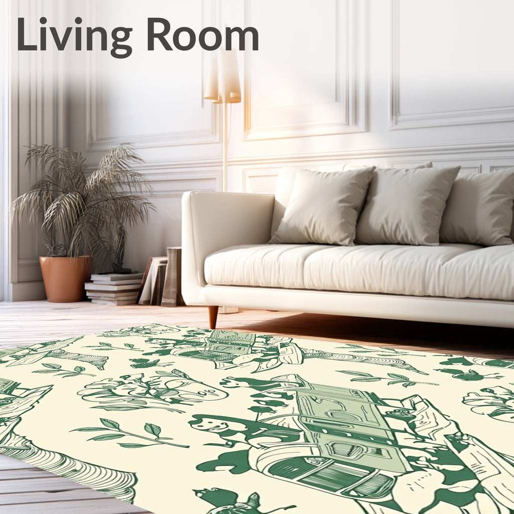 Whimsical Green Train Animals Foliage Rug