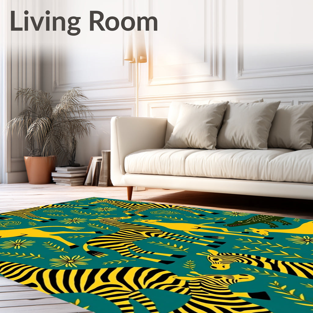 Vibrant Yellow Safari Animals Floral Rug