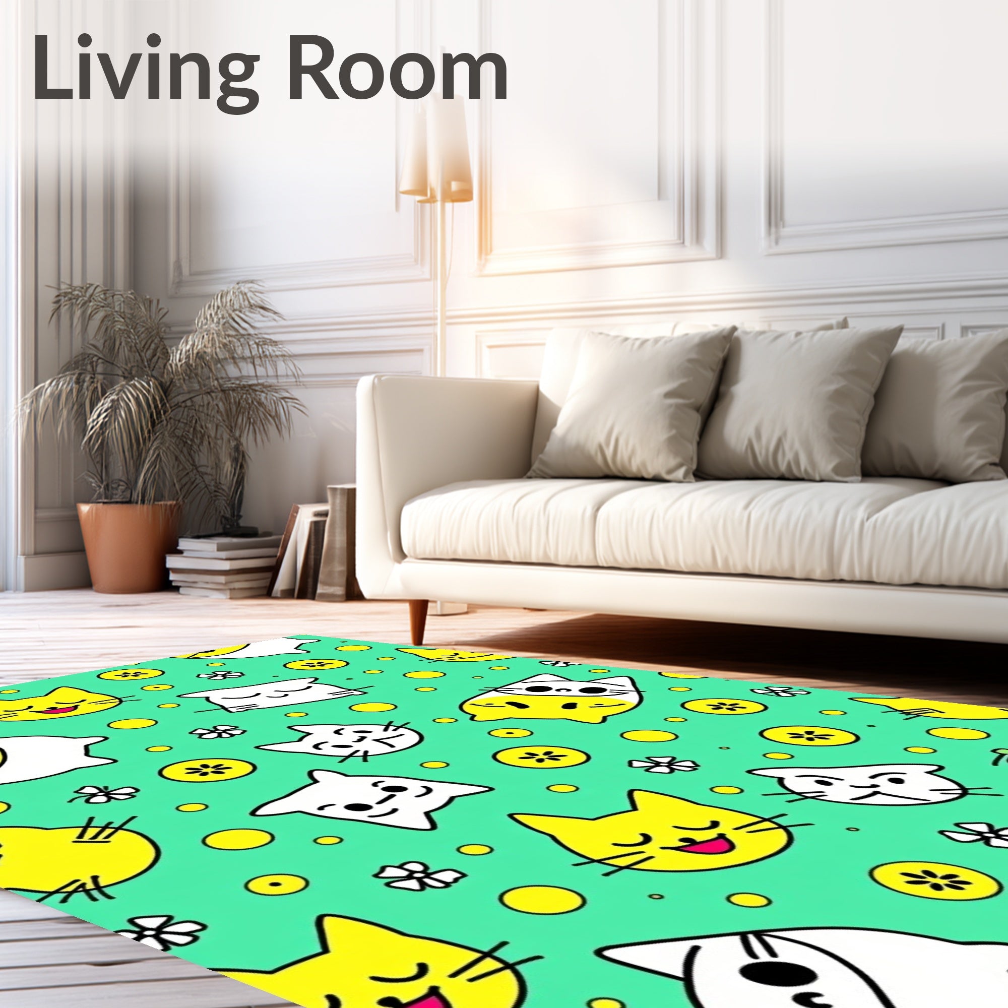 Cute Yellow White Cat Faces Dots Rug