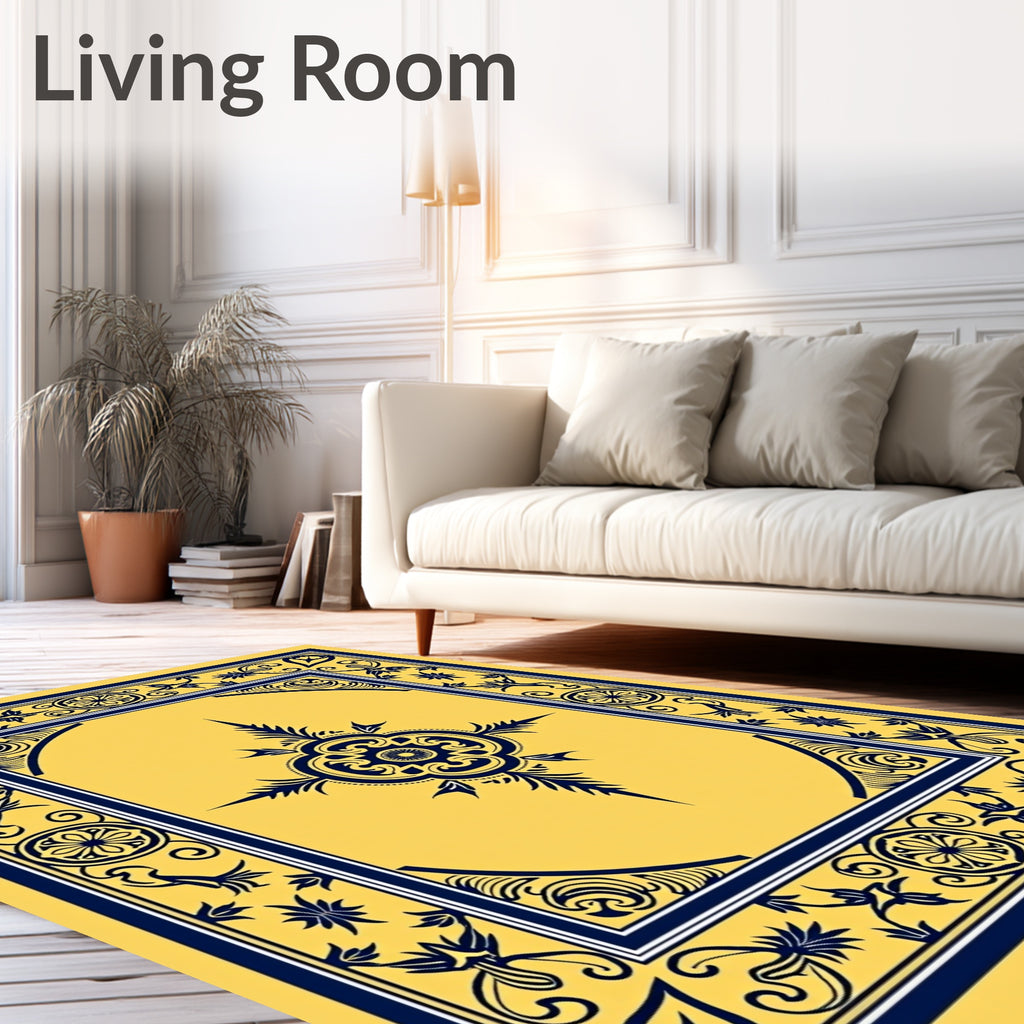 Golden Navy Floral Scroll Medallion Rug