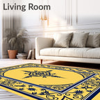Golden Navy Floral Scroll Medallion Rug