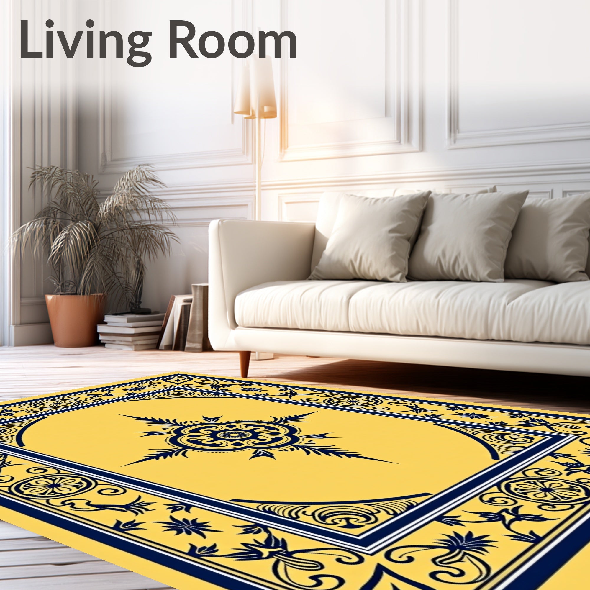 Golden Navy Floral Scroll Medallion Rug