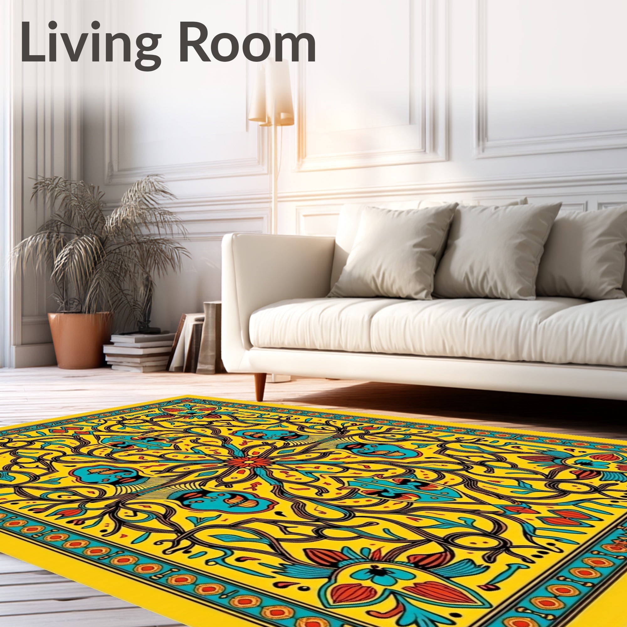 Vibrant Yellow Floral Face Border Rug