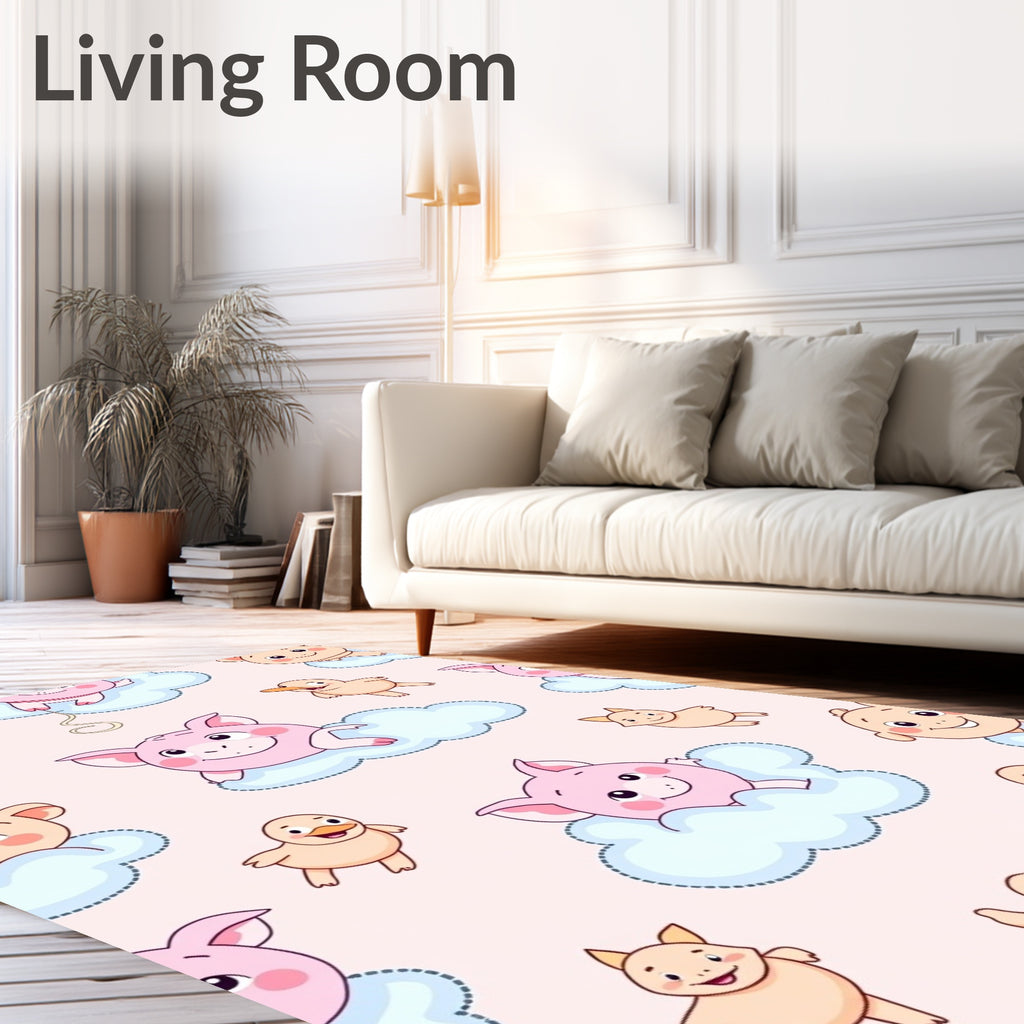 Whimsical Pink Piglets Playful Animals Clouds Rug