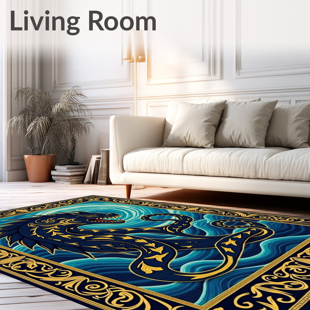 Deep Blue Golden Dragon Swirl Rug