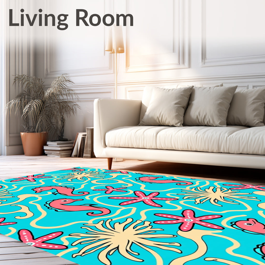 Coral Pink Seahorse Starfish Aqua Swirl Rug
