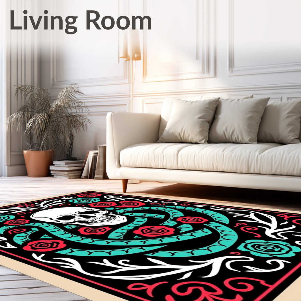 Crimson Teal Skull Serpent Floral Rug