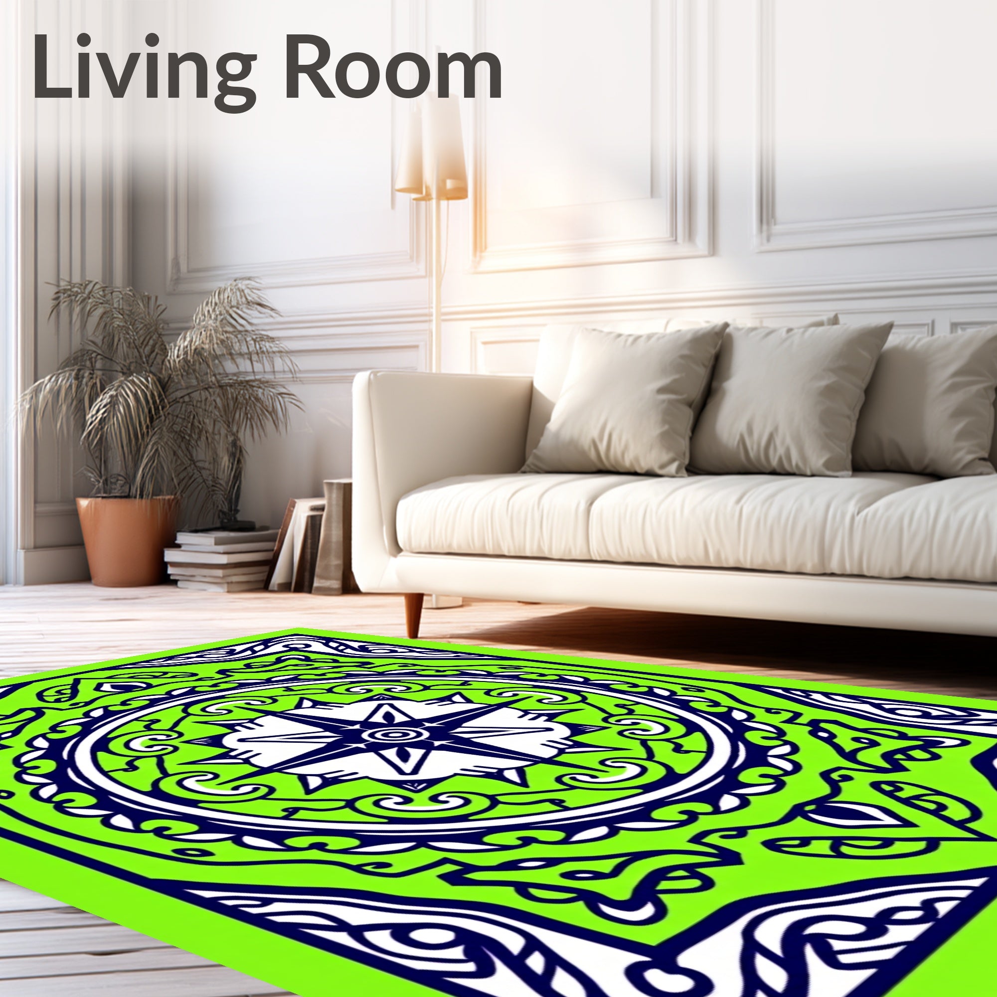 Lime Green Navy Compass Rose Mandala Rug