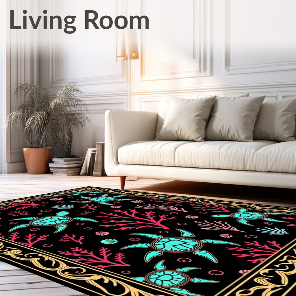 Aqua Turtles Pink Coral Black Ocean Rug