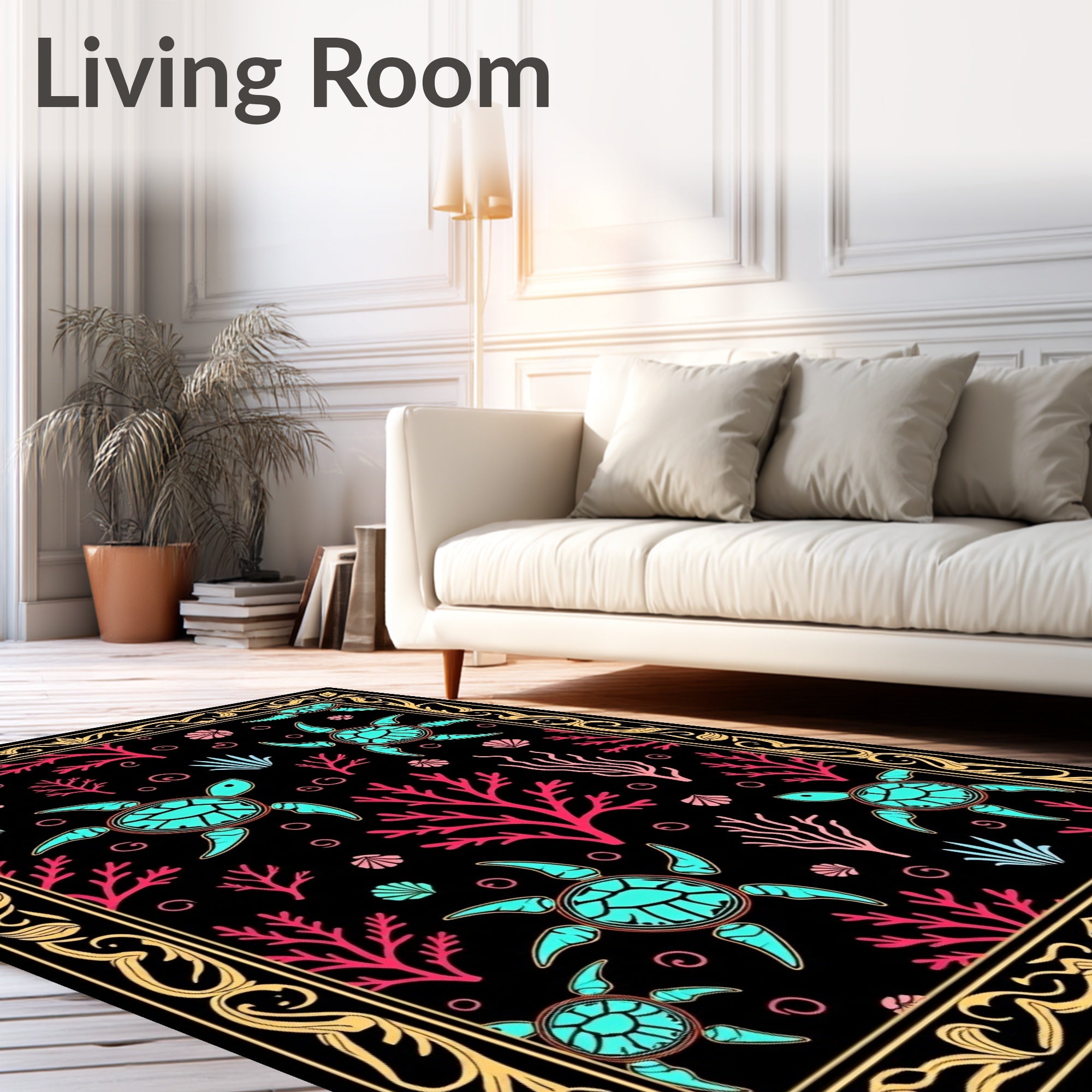 Aqua Turtles Pink Coral Black Ocean Rug