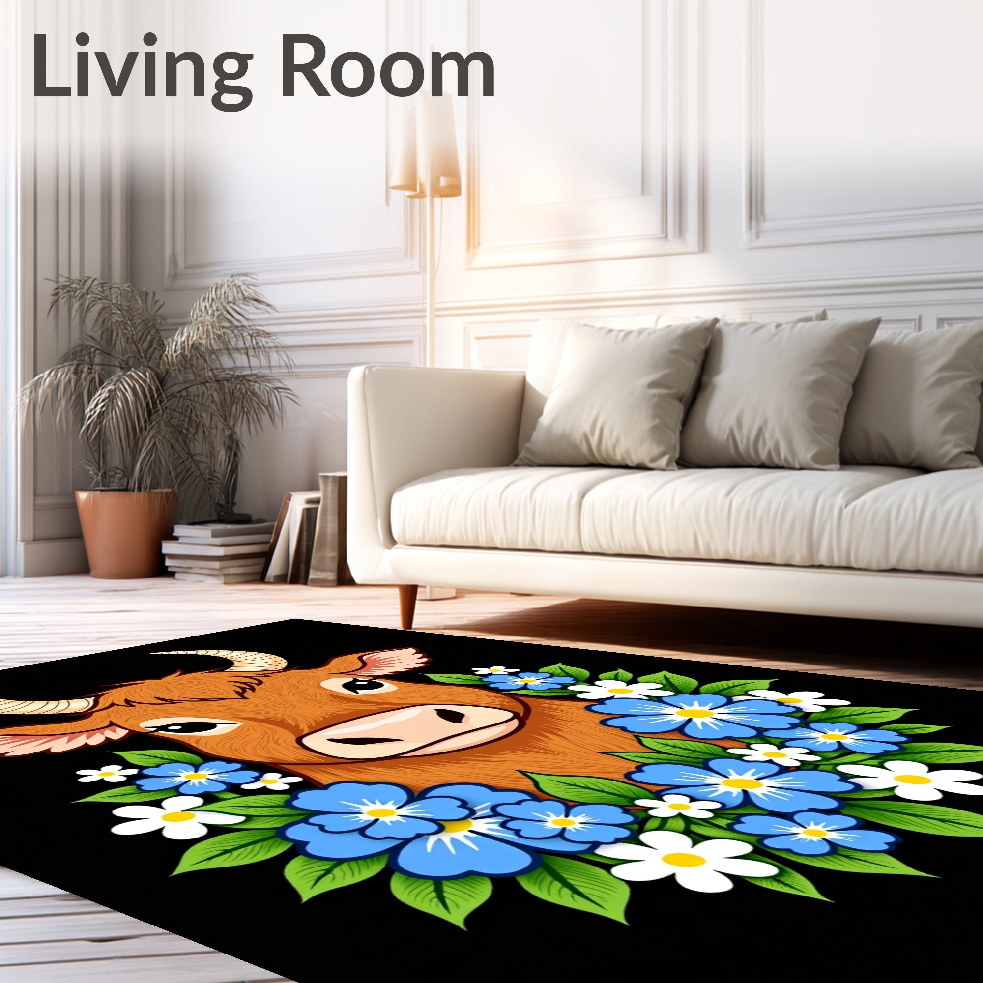 Brown Cow with Blue and White Flowers Rug