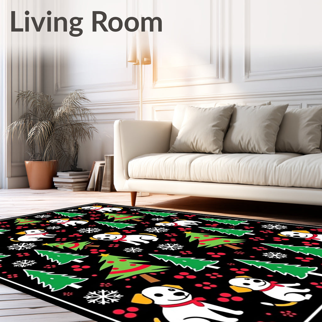 Festive Dogs Trees Snowflakes Black Rug