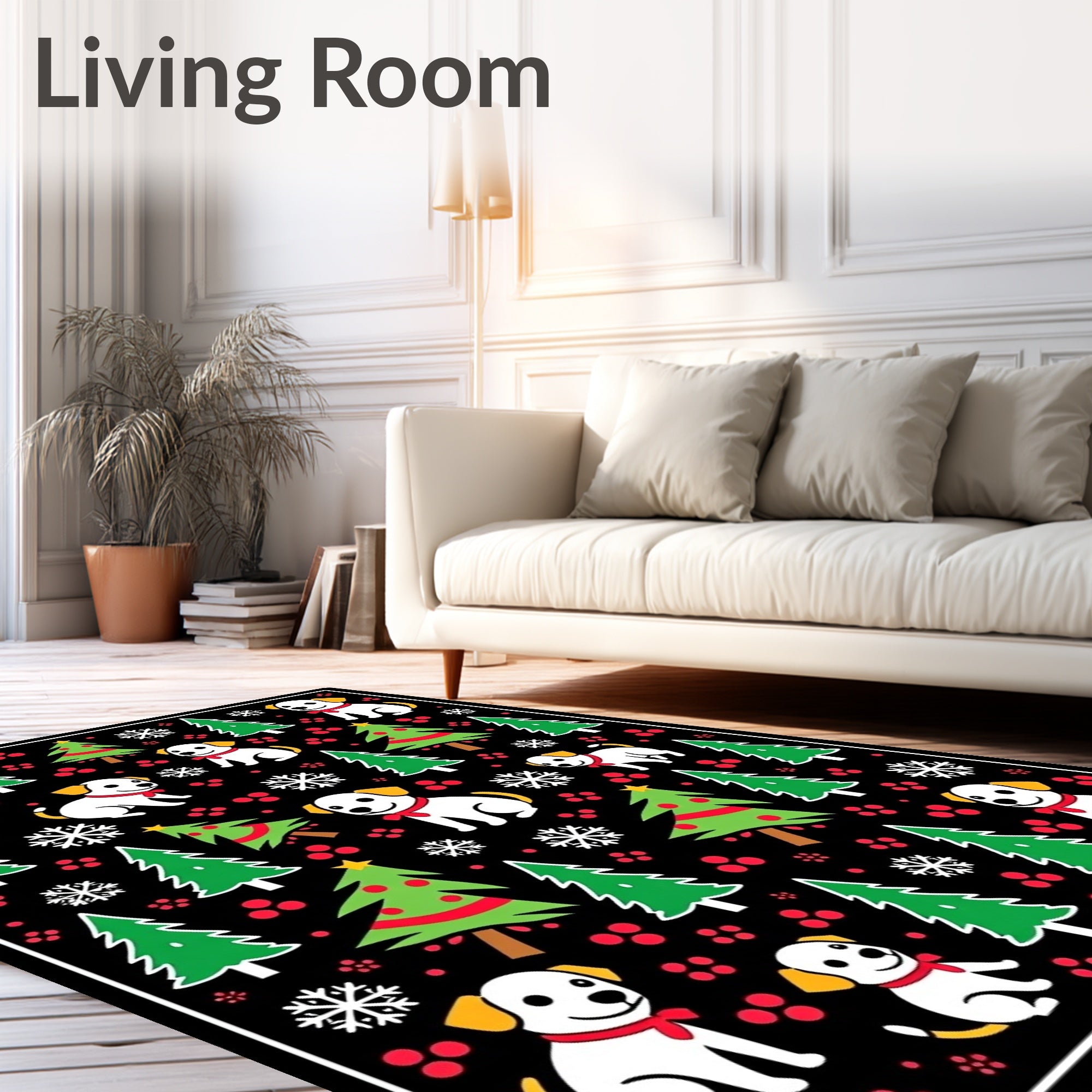 Festive Dogs Trees Snowflakes Black Rug