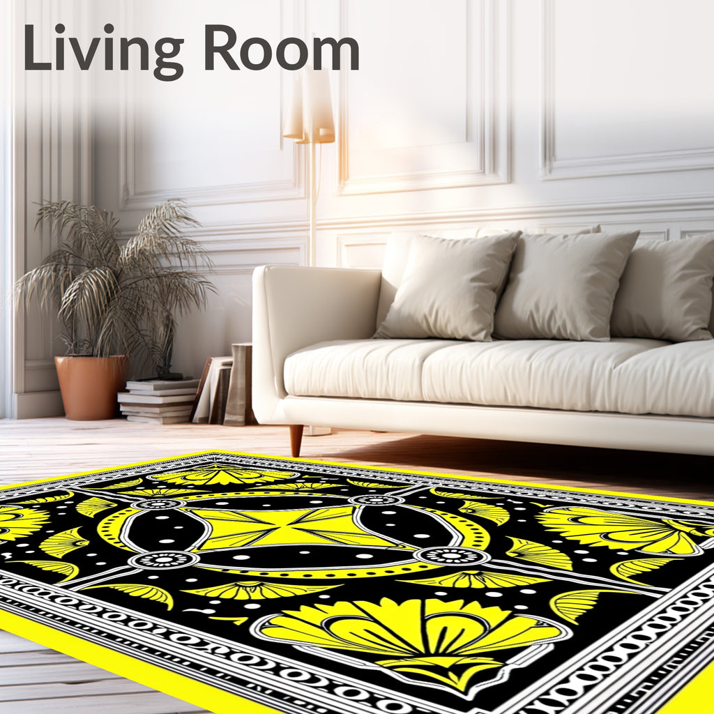 Vibrant Yellow Black Floral Frame Rug