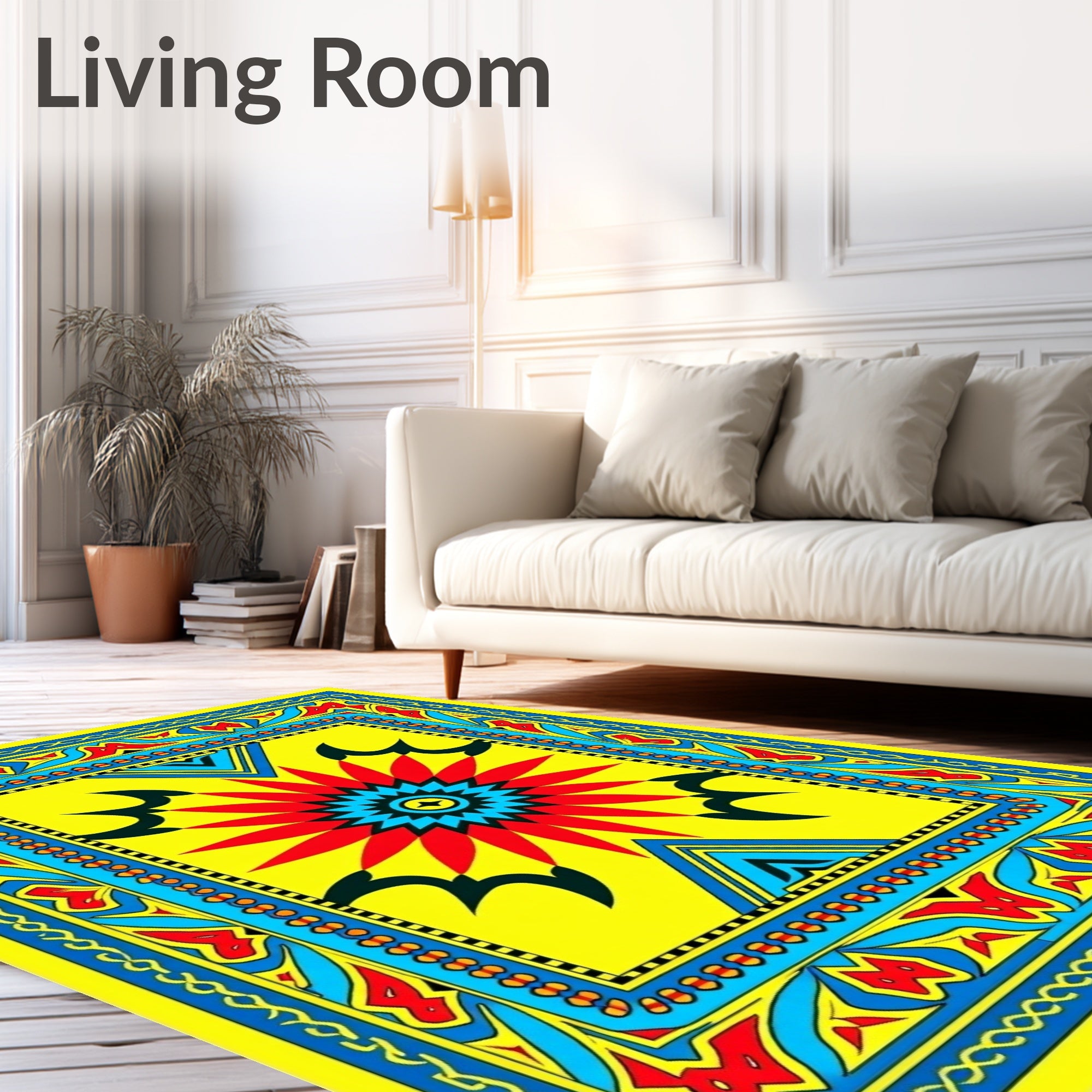 Vibrant Yellow Red Sunburst Medallion Rug