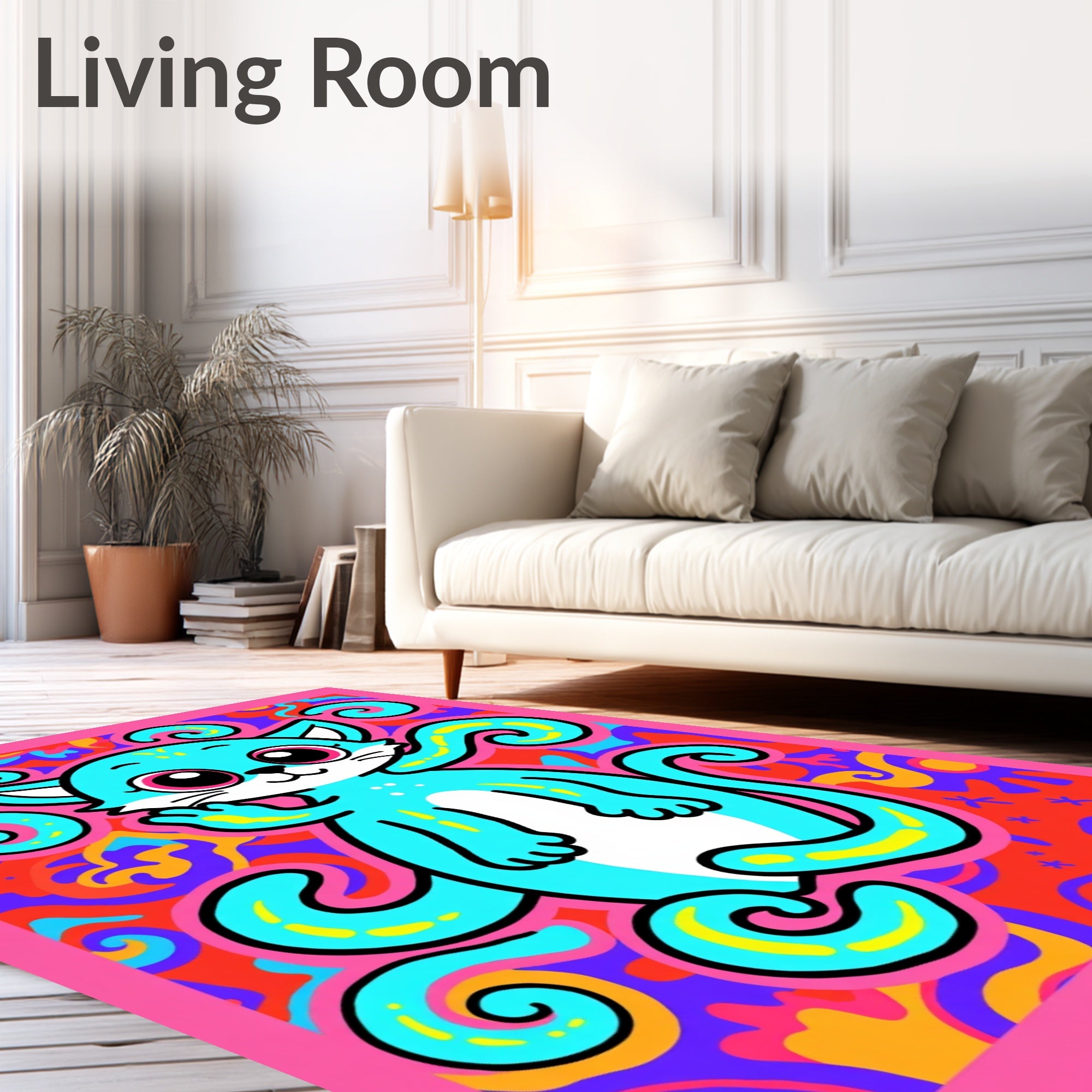 Whimsical Blue Cat Swirls Rug
