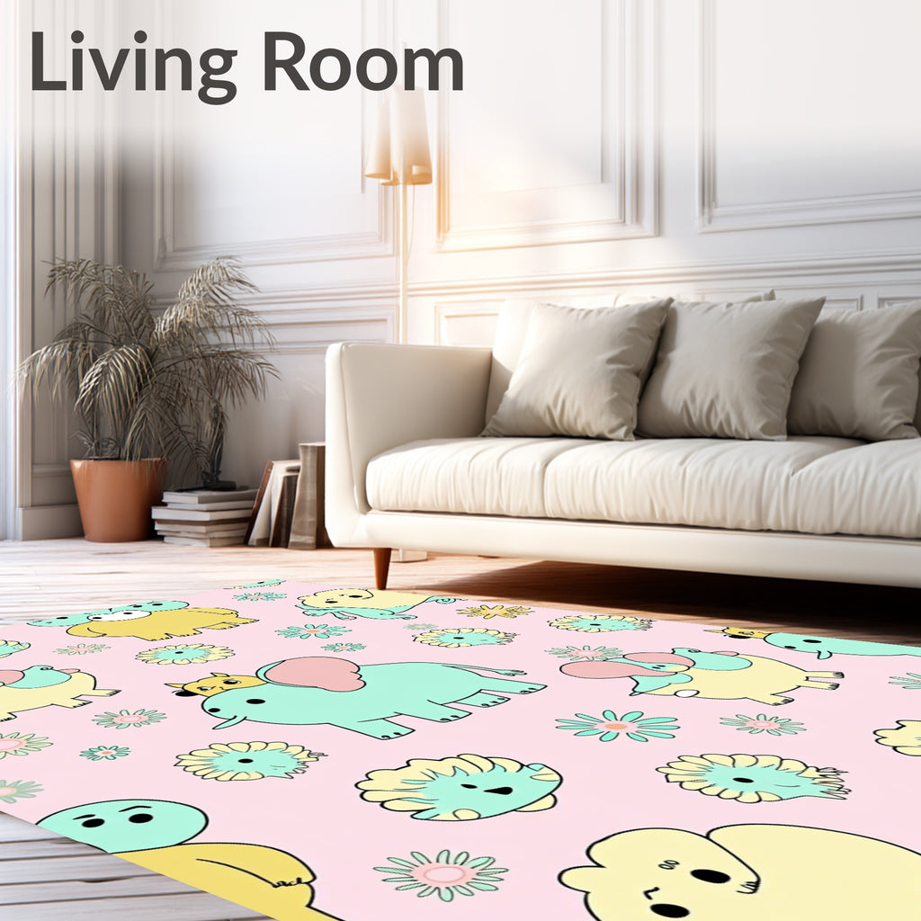 Whimsical Pink Elephant Flower Garden Rug